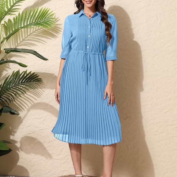 Chic Long Sleeve Blue Pleated Dress - Picture 3 of 9